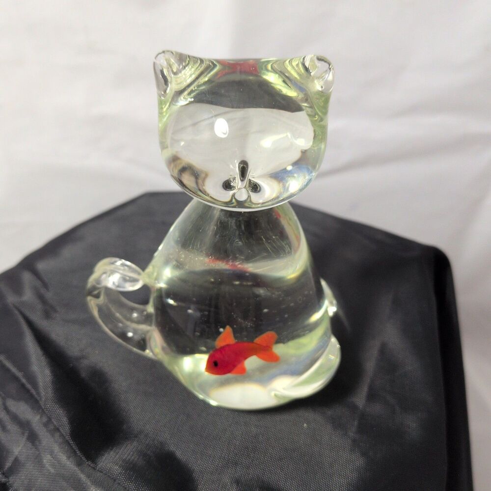 Vintage Hand Blown Clear Art Glass 4" Sitting Cat Swallowed Red Fish Figurine